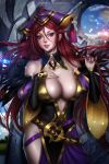  1girl ayya_saparniyazova bare_shoulders blush breasts cleavage commentary dress earrings english_commentary feather_trim fire_emblem fire_emblem_heroes grin hair_between_eyes hand_on_own_chest hat jewelry large_breasts lips loki_(fire_emblem_heroes) long_hair looking_at_viewer nail_polish nintendo pinup purple_eyes purple_nails red_hair smile solo thighs 