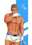  1boy abs bara blue_eyes bulge crotch gloves looking_at_viewer male_focus muscle nipples pecs scar silver_hair smile solo topless underwear undressing wink 