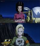  90s android_17 android_18 armband black_hair blonde_hair blue_eyes blunt_ends commentary cosplay costume_switch deviantart_username dragon_ball dragon_ball_super eyelashes headswap horizon looking_at_viewer multiple_girls night night_sky ocean outdoors personality_switch raglan_sleeves role_reversal screencap short_hair sky spanish_commentary third-party_edit third-party_watermark translation_request watermark 