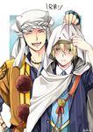  ^_^ blonde_hair blush closed_eyes green_eyes headdress hood male_focus mizuno_eita multiple_boys necktie open_mouth pom_pom_(clothes) smile touken_ranbu translation_request twitter_username yamabushi_kunihiro yamanbagiri_kunihiro 