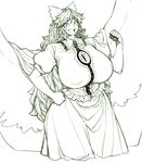  breasts cape clenched_hands collar covered_nipples cowboy_shot curvy eyebrows_visible_through_hair frills gigantic_breasts hair_ribbon hand_on_hip highres hips long_hair looking_at_viewer monochrome open_mouth puffy_nipples reiuji_utsuho ribbon skirt smile solo space_jin third_eye touhou wide_hips wings 