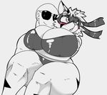  2017 anon anthro big_breasts blush breasts duo feline female fur huge_breasts mammal mask monochrome parfait_(plaga) plaga simple_background thick_thighs tiger voluptuous wide_hips 