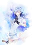  androgynous antarcticite belt blue_eyes finger_to_mouth gem_uniform_(houseki_no_kuni) gloves highres houseki_no_kuni looking_at_viewer luo_kong necktie short_hair shorts smile solo traditional_media uniform white_hair 