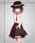  aoi_(annbi) blouse brown_eyes brown_hair hair_ribbon hat highres looking_at_viewer necktie outstretched_hand ribbon short_hair skirt smile solo touhou usami_renko 
