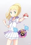  blonde_hair clenched_hand closed_mouth cosmog cowboy_shot drawstring floating foreshortening gen_7_pokemon green_eyes holding holding_poke_ball legendary_pokemon legs_apart lillie_(pokemon) long_hair looking_at_viewer md5_mismatch mei_(maysroom) outstretched_arm pleated_skirt poke_ball poke_ball_(generic) pokemon pokemon_(creature) pokemon_(game) pokemon_sm ponytail shirt short_sleeves signature simple_background skirt smile standing tareme white_shirt white_skirt yellow_eyes 