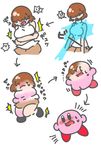  ! ? arrow beam breasts brown_hair clothed clothing female frown hair hair_over_eye human japanese_text kirby kirby_(series) mammal nintendo not_furry open_mouth scared sequence simple_background skirt solo sweat text transformation translation_request video_games waddling_head what white_background 