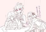  1girl 2boys astolfo_(fate) eyes_closed fate/apocrypha fate_(series) female jeanne_d&#039;arc_(fate) lem96rem long-haired_trap male male_focus multiple_boys multiple_monochrome pink_eyes red_eyes sieg_(fate/apocrypha) translated trap 