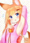  :3 animal_ear_fluff animal_ears armpits bell blonde_hair blue_eyes blush breasts commentary_request detached_sleeves eyebrows_visible_through_hair fox_ears fox_tail hair_ornament hairclip highres jingle_bell kemomimi_oukoku_kokuei_housou looking_at_viewer mikoko_(kemomimi_oukoku_kokuei_housou) multicolored multicolored_polka_dots polka_dot polka_dot_background small_breasts smile solo sukemyon tail twintails upper_body virtual_youtuber 