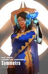  alternate_costume artist_name black_hair blue_dress bracelet breasts brown_eyes character_name cyborg daible dark_skin dress forehead_protector headgear heart highres indian_clothes jewelry lace lace-trimmed_panties lips long_hair looking_at_viewer mechanical_arm medium_breasts necklace overwatch panties side_slit solo symmetra_(overwatch) thighhighs traditional_clothes underwear 