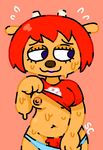  anthro breasts caprine clothing_lift female fur hair lammy_lamb lipstick makeup mammal navel nipples orange_fur parappa_the_rapper pink_background pubes red_hair sheep simple_background solo stove_cave sweat um_jammer_lammy video_games 
