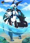  2018 anthro bikini blue_eyes breasts cetacean clothing cloud dragon female hair hair_over_eye hi_res hybrid long_hair mammal marine navel open_mouth orca outside partially_submerged penelope rainbowscreen sky solo swimsuit water whale 