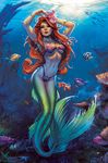  ariel_(disney) arms_up bead_bracelet bead_necklace beads bikini blue_eyes bracelet breasts clownfish coral disney elias_chatzoudis fish flower full_body hair_flower hair_ornament highres jewelry lips lipstick long_hair looking_at_viewer makeup mascara medium_breasts mermaid monster_girl necklace ocean red_hair red_lipstick scales shell shell_bikini signature solo split_tail strapless swimsuit the_little_mermaid transformation underwater 