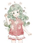  :3 animal_ears commentary_request curly_hair dog_ears fangs green_eyes green_hair horn komano_aun long_hair looking_at_viewer onigiri_(ginseitou) open_mouth paw_pose smile solo touhou 