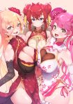  3girls aizono_manami ange_katrina asymmetrical_docking bangs baozi blonde_hair breast_envy breast_padding breast_press breasts china_dress chinese_clothes cleavage cleavage_cutout covered_navel double_bun dress ecliygame eyebrows_visible_through_hair flower food hair_flower hair_ornament highres large_breasts long_hair looking_at_viewer multiple_girls nijisanji nui_sociere open_mouth pink_hair red_hair symmetrical_docking thick_thighs thighs triangle_hair_ornament v-shaped_eyebrows virtual_youtuber 