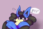  2017 anthro breasts convenient_censorship digital_media_(artwork) english_text eyewear female glasses looking_at_viewer lucario nerdcario nintendo pok&eacute;mon pok&eacute;mon_(species) simple_background sirphilliam solo tail_censorship text thick_thighs video_games 