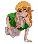  all_fours artist_request blonde_hair blue_eyes blush breasts cleavage collarbone dress full_body green_dress hand_in_hair huge_breasts long_hair looking_at_viewer pointy_ears sandals simple_background solo tiffania_westwood white_background zero_no_tsukaima 