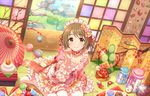  annindoufu_(oicon) ball blush bow breasts brown_hair choker cleavage collarbone day floral_print flower food frills grass hair_flower hair_ornament hairband idolmaster idolmaster_cinderella_girls idolmaster_cinderella_girls_starlight_stage indoors kadomatsu looking_at_viewer medium_breasts mimura_kanako new_year no_shoes official_art on_floor origami paper_crane short_hair sitting smile solo sunlight sweets tatami thighhighs too_many too_many_frills umbrella white_legwear 