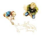  1girl artist_request blonde_hair cat chalk child jacket james_sunderland laura_(silent_hill) long_hair lowres short_hair silent_hill silent_hill_2 