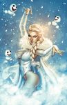  blonde_hair blue_eyes breasts bridal_gauntlets cape cleavage corset cosplay elbow_gloves elias_chatzoudis elsa_(frozen) emma_frost emma_frost_(cosplay) frozen_(disney) fur-trimmed_cape fur_trim gloves hair_ornament highres large_breasts long_hair looking_at_viewer marvel panties signature snow snowflake_hair_ornament snowflakes snowman solo underwear white_gloves white_panties x-men 