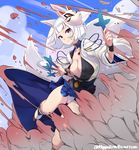  2017 animal_ears azur_lane bangs between_fingers blue_eyes blue_hakama blue_skirt blue_sky blunt_bangs bob_cut breasts chrysanthemum closed_mouth cloud collarbone covered_nipples dated day debris eyebrows eyebrows_visible_through_hair eyelashes eyeshadow fingernails flower fox_ears fox_mask fox_tail geta hakama hakama_skirt holding japanese_clothes kaga_(azur_lane) legs_apart light_particles lips looking_away looking_up makeup mappaninatta mask mask_on_head miniskirt no_bra open_clothes outdoors panties pleated_skirt ribbon-trimmed_clothes ribbon_trim sakuramon shikigami short_hair skirt sky small_breasts smile smoke socks solo tail tsurime twitter_username underwear white_hair white_legwear white_panties wide_sleeves wristband 