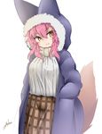  anho animal_ears bangs blue_coat blush brown_skirt closed_mouth coat eyebrows_visible_through_hair fate/grand_order fate_(series) fox_ears fox_girl fox_hood fox_tail hair_between_eyes hands_in_pockets hooded_coat long_hair looking_at_viewer open_clothes open_coat pink_hair plaid plaid_skirt ribbed_sweater signature sketch skirt solo sweater tail tamamo_(fate)_(all) tamamo_no_mae_(fate) v-shaped_eyebrows white_background white_sweater yellow_eyes 