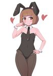  absurdres animal_ears bangs bare_shoulders black_leotard black_neckwear blunt_bangs blush bob_cut brown_eyes brown_hair brown_legwear bunny_ears bunny_girl bunnysuit closed_mouth covered_navel detached_collar eyebrows_visible_through_hair fake_animal_ears groin heart heart-shaped_pupils highleg highleg_leotard highres leotard looking_at_viewer necktie original pantyhose short_hair simple_background solo strapless strapless_leotard symbol-shaped_pupils toy_box-r white_background white_collar wing_collar wrist_cuffs 