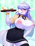  2016 3mangos anthro areola beverage big_breasts blush breasts clothed clothing exposed_breasts female fish hair holding_object long_hair looking_at_viewer marine nipples open_mouth purple_hair shark solo tilly_(ddas) tray 