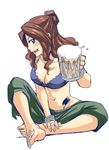  1girl barefoot beer breasts brown_eyes brown_hair cana_alberona cleavage fairy_tail female large_breasts long_hair mashima_hiro official_art simple_background smile solo tattoo 