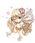  1girl all_forus bare_legs barefoot bikini blonde_hair breasts fairy_tail female hair_between_eyes ice_cream large_breasts long_hair lucy_heartfilia mashima_hiro official_art simple_background solo swimsuit twintails 