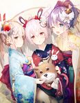  :d :o ayanami_(azur_lane) azur_lane bangs blue_eyes blush brown_eyes commentary_request dog dutch_angle flower hair_ornament hand_on_another's_shoulder highres japanese_clothes javelin_(azur_lane) kanzashi kimono laffey_(azur_lane) long_hair looking_at_viewer multiple_girls obi one_eye_closed open_mouth ponytail purple_hair sash short_hair sidelocks silver_hair smile victory wide_sleeves yatsuha_(hachiyoh) 