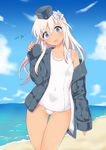  beach blonde_hair blue_eyes blue_sky cloud cloudy_sky cropped_jacket dated day garrison_cap hat kantai_collection long_hair miripippo ocean one-piece_swimsuit open_mouth outdoors sand school_swimsuit sky smile solo swimsuit swimsuit_under_clothes tan u-511_(kantai_collection) water white_school_swimsuit white_swimsuit 