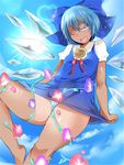  ;d arms_at_sides bare_arms barefoot blue_bow blue_dress blue_eyes blue_hair bow cirno cowboy_shot day dress dress_lift eyebrows_visible_through_hair floating flower hair_between_eyes hair_bow half-closed_eye ice ice_wings knee_up lifted_by_self looking_at_viewer morning_glory naughty_face one_eye_closed open_mouth panties plant short_dress short_hair short_sleeves sky smile solo striped striped_panties sunflower tan tanned_cirno tannkobuiwa thighs touhou underwear vertical_stripes vines wings 