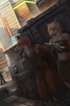  anthro black_nose building canine city clothed clothing female fox gun inner_ear_fluff knife latex_(artist) male mammal outside plant ranged_weapon red_fox standing weapon 