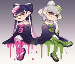  2girls aori_(splatoon) commentary_request cousins detached_collar domino_mask dress fangs food food_on_head green_legwear highres hotaru_(splatoon) japanese_clothes kimono mask mole mole_under_eye multiple_girls object_on_head pointy_ears puchiman sandals splatoon_(series) squid strapless strapless_dress sushi tentacle_hair thighhighs 