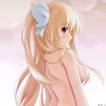  artist_name blonde_hair bow breasts closed_mouth commentary_request date_a_live earrings from_behind hair_bow highres jewelry keenh large_breasts long_hair looking_at_viewer looking_back mayuri_(date_a_live) nude profile side_ponytail solo upper_body white_bow 