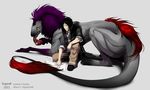  2013 ambiguous_gender anthro black_hair clothed clothing digital_drawing_(artwork) digital_media_(artwork) duo feral grypwolf hair human male mammal purple_hair simple_background unknown_species white_background 