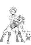  1boy 1girl angry bare_legs breasts cuvy fairy_tail female fighting large_breasts leotard lucy_heartfilia mashima_hiro monochrome natsu_dragneel pain smile sweat thighhighs twintails 