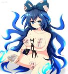  bad_id bad_pixiv_id bangle banned_artist between_breasts blue_eyes blue_hair blush bow bracelet breast_hold breasts cleavage closed_mouth collarbone covered_nipples cup debt drinking_glass expressionless hair_bow holding holding_cup jewelry kisaragi_zwei large_breasts long_hair looking_at_viewer navel nude simple_background sitting solo stuffed_animal stuffed_cat stuffed_toy touhou twitter_username very_long_hair white_background yorigami_shion 