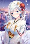  azur_lane backlighting bangs blue_eyes blunt_bangs blush breath circle_name city_lights closed_mouth eyebrows_visible_through_hair flower hair_flower hair_ornament head_tilt highres japanese_clothes kimono long_hair long_sleeves looking_at_viewer mole mole_under_eye night night_sky nose_blush outdoors reflection shore shoukaku_(azur_lane) silver_hair sky smile snow snowing solo sousouman straight_hair tareme underbust upper_body very_long_hair water white_kimono wide_sleeves 