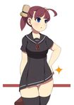  absurdres ahoge bangs black_dress black_legwear blue_eyes blush breasts brown_hair brown_ribbon dress eyebrows_visible_through_hair hand_on_hip highres looking_away looking_to_the_side medium_breasts original panties pantyshot pantyshot_(standing) parted_lips ribbon sailor_dress short_sleeves short_twintails solo sparkle standing thighhighs toy_box-r twintails underwear white_background white_panties 