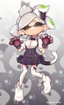  1girl :3 absurdres animal_print bow bowtie cat_cutout cat_paws cat_print cat_tail commentary_request cosplay domino_mask earrings highres hotaru_(splatoon) jajji-kun_(splatoon) jajji-kun_(splatoon)_(cosplay) jewelry mask mole mole_under_eye object_on_head paw_pose paws pointy_ears puchiman shorts shorts_under_skirt skirt splatoon_(series) suspender_skirt suspenders tail tentacle_hair thighhighs 