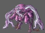  commentary d.va_(overwatch) dark_persona dripping goo_girl grey_background highres ibenz009 looking_at_viewer mecha meka_(overwatch) metallic_skin monster_girl monsterification multiple_arms neon_trim overwatch pink_eyes shiny shiny_skin silver_hair whisker_markings 