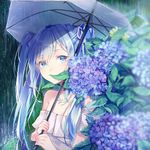  bangs bare_shoulders blue_eyes blue_hair blurry blush collarbone depth_of_field flower grey_shirt hair_ribbon hatsune_miku highres holding holding_umbrella hydrangea leaf long_hair looking_at_viewer off-shoulder_shirt outdoors rain ribbon shirt solo takitou twintails umbrella upper_body vocaloid water 