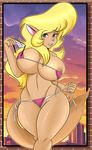  2018 anthro areola big_breasts bikini blonde_hair blush breasts callie_briggs cat clothing eyewear feline female glasses hair hi_res looking_at_viewer mammal navel nipples smile solo sonson-sensei striptease swat_kats swimsuit undressing 