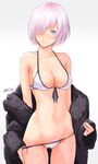  ass_visible_through_thighs bare_shoulders bikini bikini_pull black_coat black_ribbon blush breasts cleavage coat collarbone cowboy_shot fate/grand_order fate_(series) front-tie_bikini front-tie_top grey_background hair_over_one_eye long_sleeves mash_kyrielight medium_breasts nanahime navel nose_blush off_shoulder open_clothes open_coat parted_lips pink_hair pulled_by_self purple_eyes ribbon short_hair signature simple_background skindentation sleeves_past_wrists smile solo standing stomach swimsuit tareme teasing white_bikini 