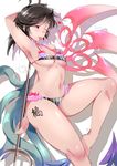  ;p ahoge arched_back arm_behind_back arm_behind_head arm_up armpits asymmetrical_wings bare_arms bare_legs bare_shoulders barefoot bikini black_hair black_sclera blush bow breasts closed_mouth collarbone eyebrows_visible_through_hair feet_out_of_frame frilled_bikini frills from_side half-closed_eye heart highres holding holding_weapon houjuu_nue knee_up long_hair looking_at_viewer medium_breasts navel one_eye_closed polearm red_eyes shiny shiny_skin sidelocks sideways_glance smile solo stomach striped striped_bikini swimsuit tannkobuiwa tongue tongue_out touhou trident underboob weapon wings 