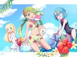  ball beachball bikini blonde_hair blue_hair bounsweet braid closed_eyes cloud day flower french_braid gen_1_pokemon gen_7_pokemon goggles goggles_on_head green_eyes green_hair hibiscus lillie_(pokemon) long_hair magikarp mao_(pokemon) mei_(maysroom) midriff multiple_girls navel one-piece_swimsuit one_eye_closed open_mouth outdoors partially_submerged plumeria pokemon pokemon_(anime) pokemon_(creature) pokemon_sm_(anime) popplio rowlet short_hair sky starfish staryu suiren_(pokemon) swimsuit trial_captain twintails water white_swimsuit 