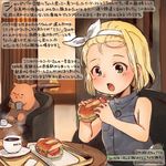  animal blonde_hair book coffee colored_pencil_(medium) commentary_request cup dated food glasses green_eyes hairband hamster holding holding_food kantai_collection kirisawa_juuzou luigi_torelli_(kantai_collection) numbered open_mouth reading sandwich short_hair sleeveless teacup traditional_media translation_request twitter_username white_hairband 