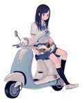  animal animal_on_lap black_eyes black_hair black_legwear blue_bow blue_skirt bow cat cat_on_lap converse dress eyes ground_vehicle kneehighs lap looking_down looking_to_the_side medium_hair motor_vehicle nakamura_hinata original pleated_skirt school_uniform scooter shirt shoes sidesaddle simple_background sitting skirt sneakers solo vespa white_background 