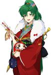  :d absurdres alternate_costume arrow bag bangs bell blush daruma_doll earrings ema eyebrows_visible_through_hair fire_emblem fire_emblem:_rekka_no_ken flower fur_collar green_hair hair_flower hair_ornament hamaya highres holding japanese_clothes jewelry jingle_bell kimono long_hair long_sleeves looking_at_viewer lyndis_(fire_emblem) open_mouth ormille ponytail red_kimono round_teeth simple_background smile solo standing teeth white_background wide_sleeves 